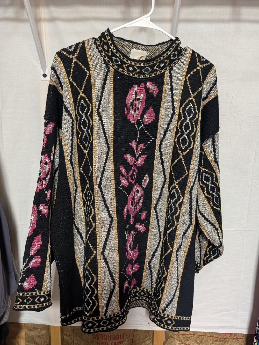 Basic Editions Black Gold and Pink Floral Knit Sweater